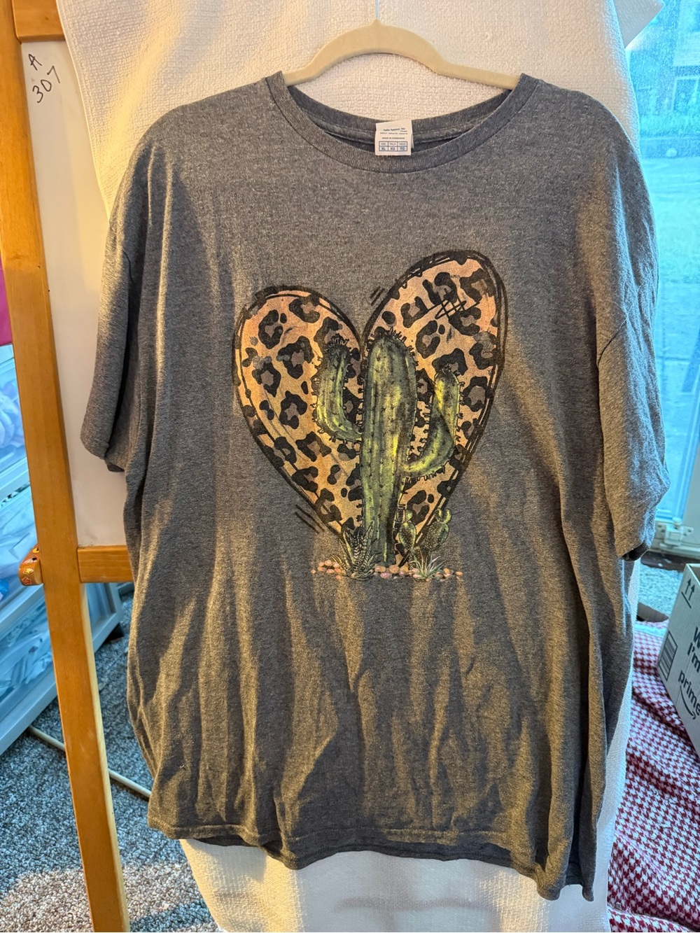 Delta Gray Tee with Leopard Heart and Green Cactus Graphic